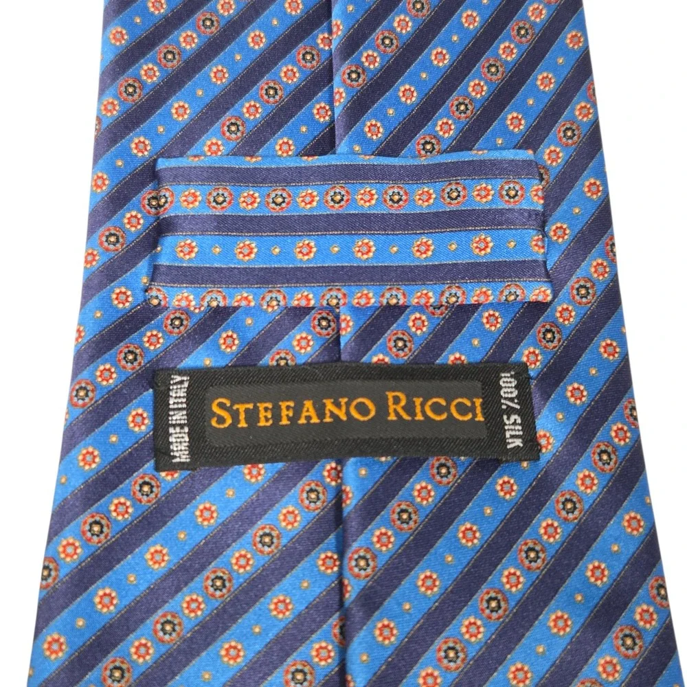 Stefano Ricci Tie Mens Blue Striped‎ Floral Medallion 100% Silk Made in Italy